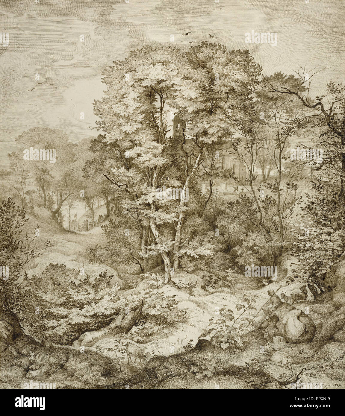 Paesaggio con cappella della foresta; Heinrich Johann Gärtner, Tedesco, 1828 - 1909, Germania; 1847; penna e il marrone scuro inchiostro con grafite Foto Stock
