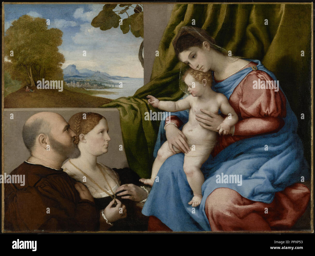 Madonna con il Bambino e due donatori; Lorenzo Lotto, Italiano, veneziana, circa 1480 - 1556, circa 1525 - 1530; Olio su tela Foto Stock