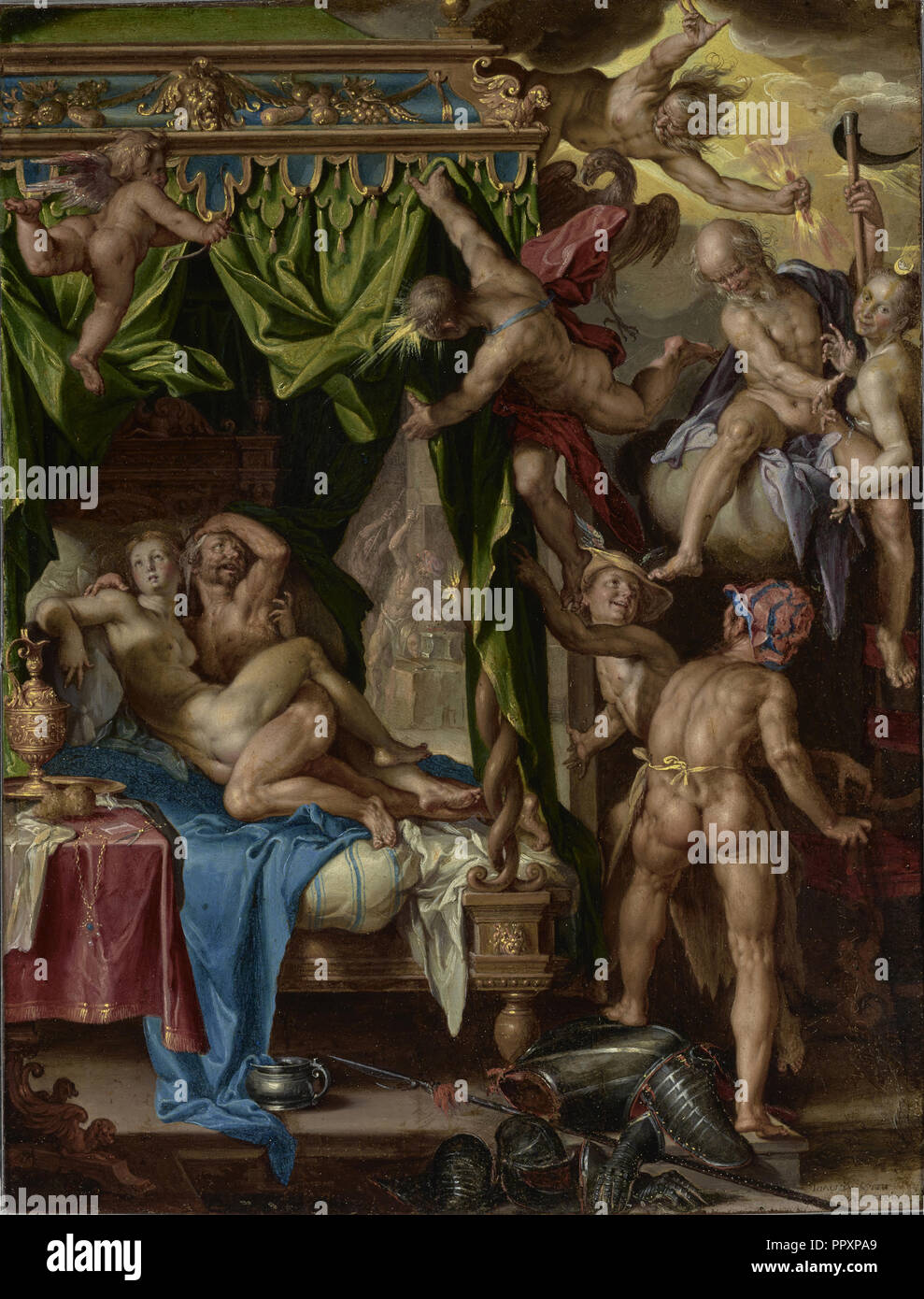 Marte e Venere sorpresi da dèi; Joachim Anthonisz. Wtewael, Olandese, 1566 - 1638, 1604 - 1608; Olio su rame Foto Stock