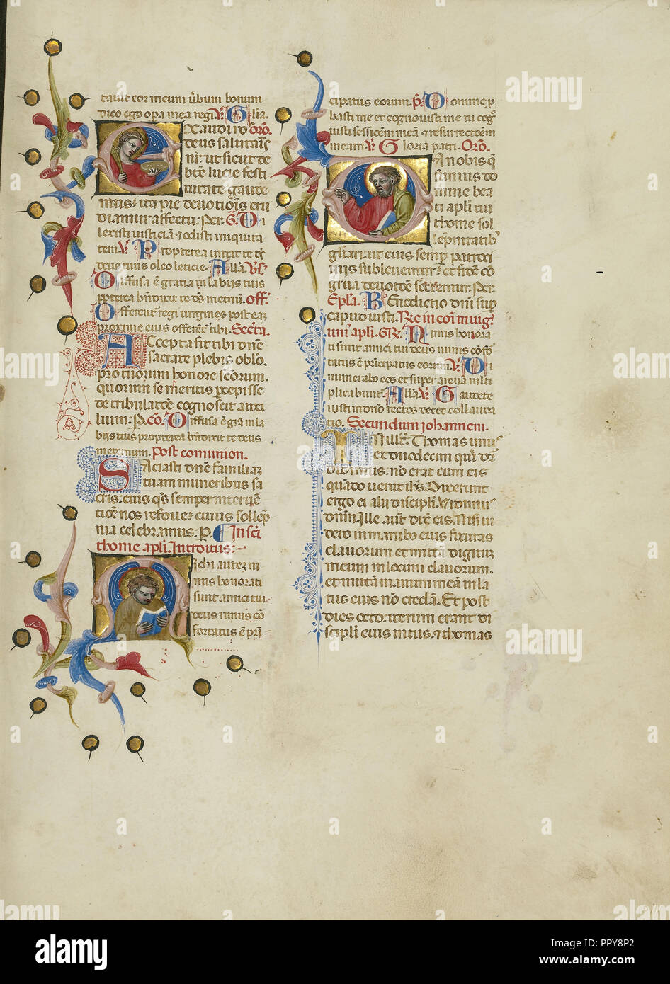 E iniziale: Saint Lucia; iniziale M: Saint Thomas; Iniziale D: Saint Thomas predicazione; Padrone di Bruxelles le iniziali, italiano Foto Stock