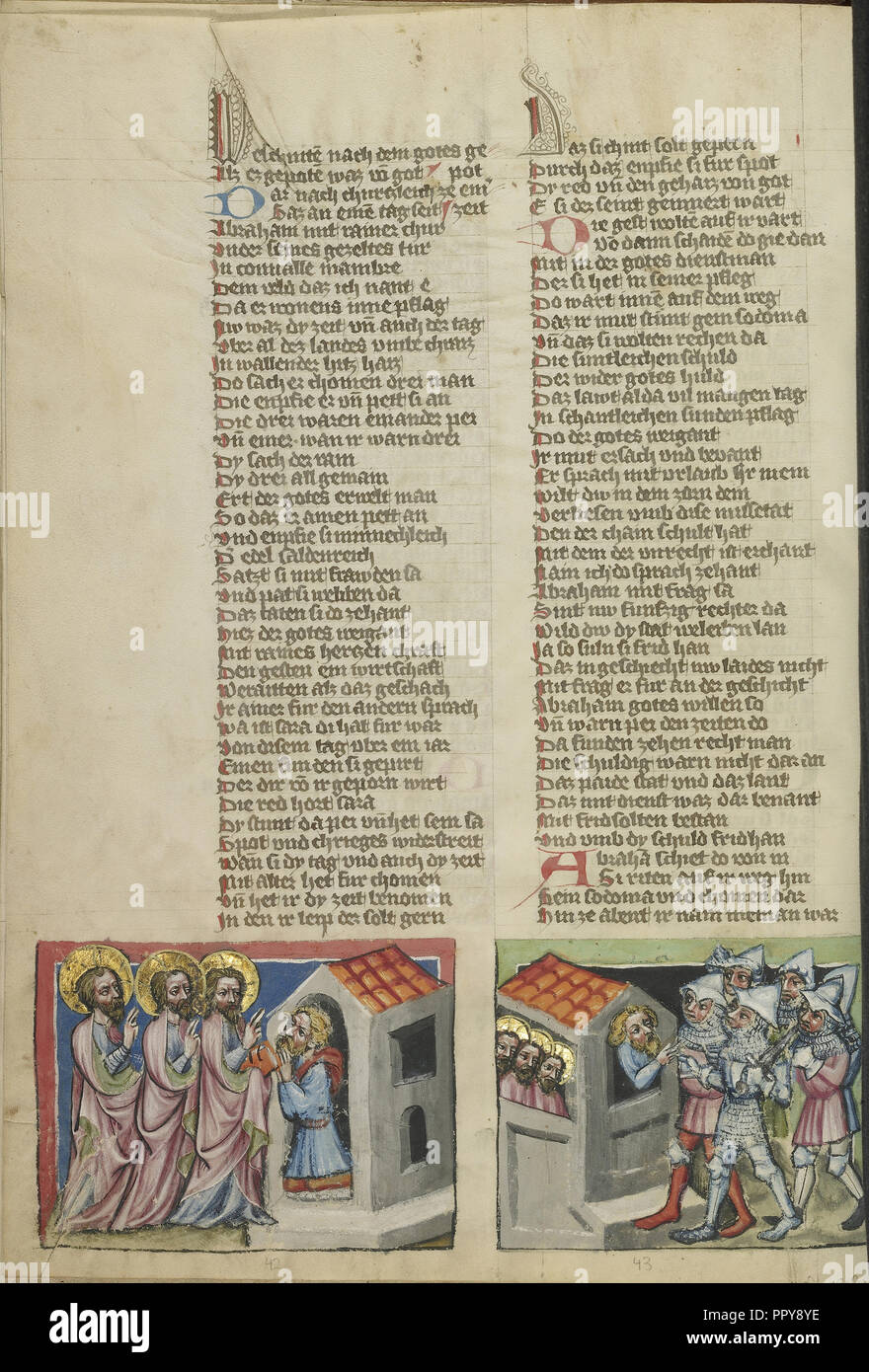 Abramo e i tre angeli; i Sodomiti battendo sul lotto's House; Regensburg, Baviera, Germania; circa 1400 - 1410; tempera Foto Stock