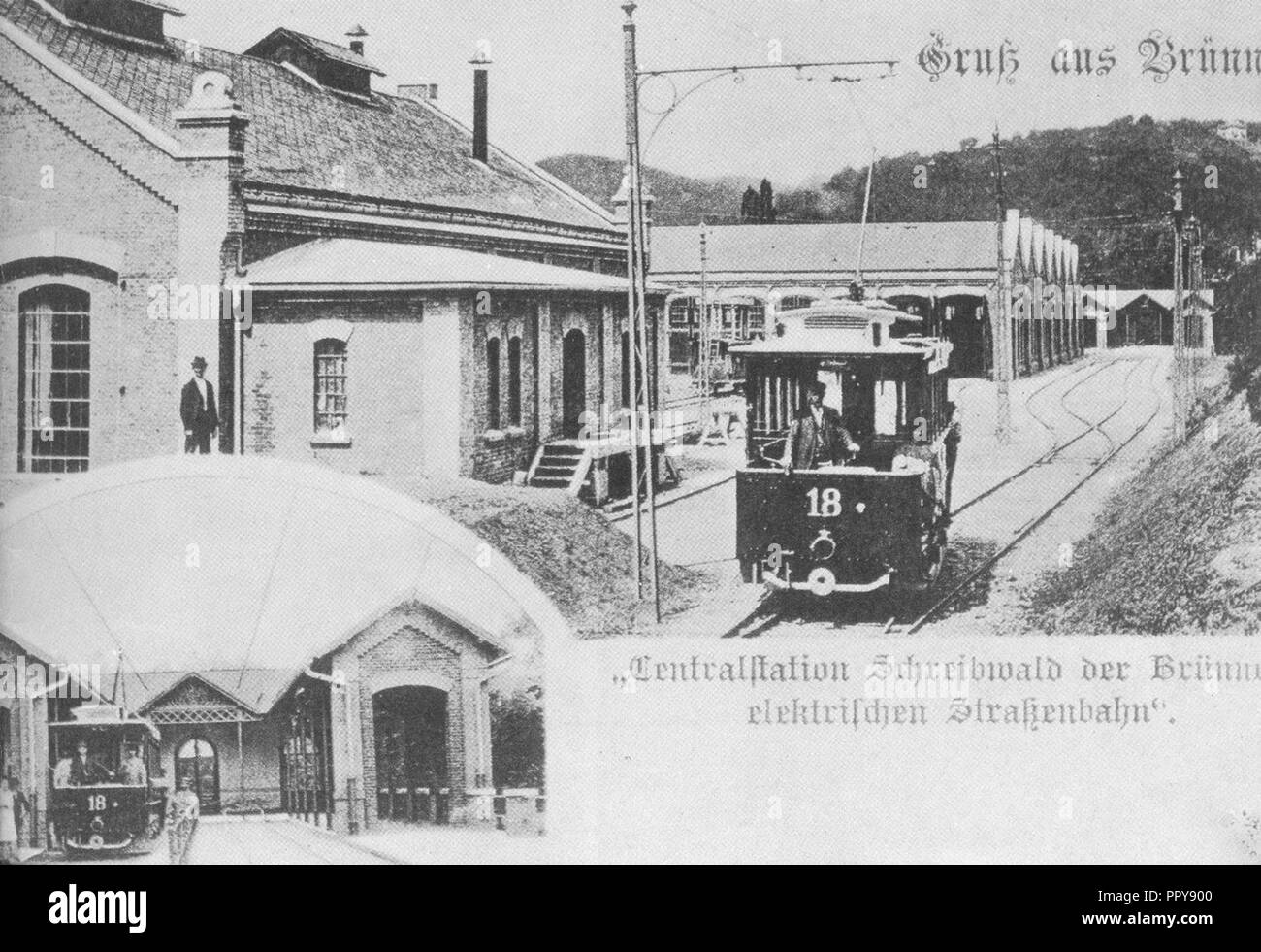 Brno, vozovna Pisárky un motorový vůz č. 18 (1900). Foto Stock