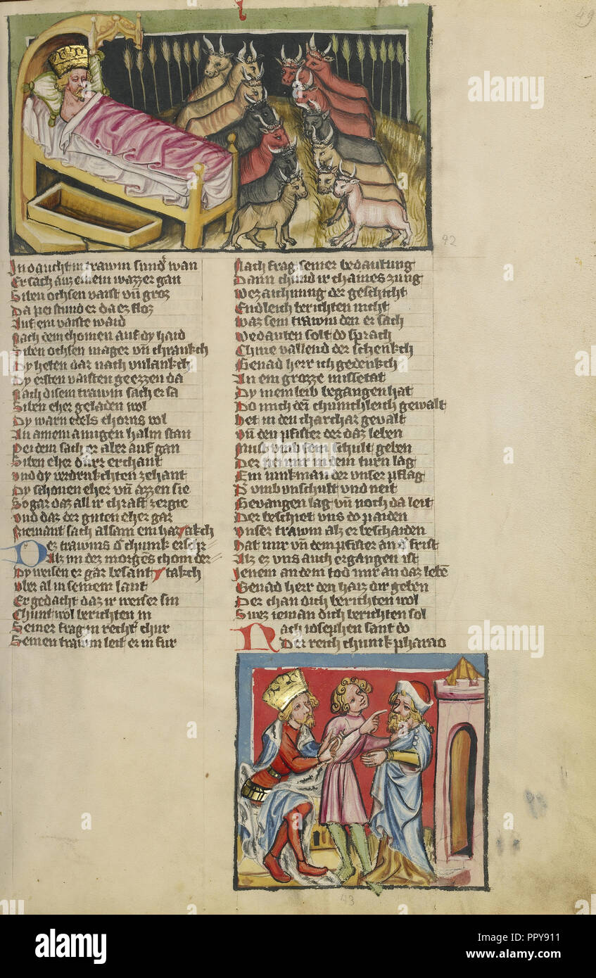 Il faraone il sogno di Giuseppe; interpretare al Faraone la sogno; Regensburg, Baviera, Germania; circa 1400 - 1410; tempere, oro Foto Stock