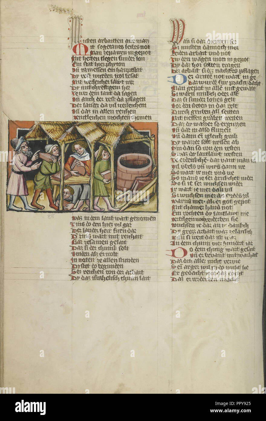 La schiavitù degli Israeliti; Regensburg, Baviera, Germania; circa 1400 - 1410; tempere, oro, vernice argento e inchiostro Foto Stock