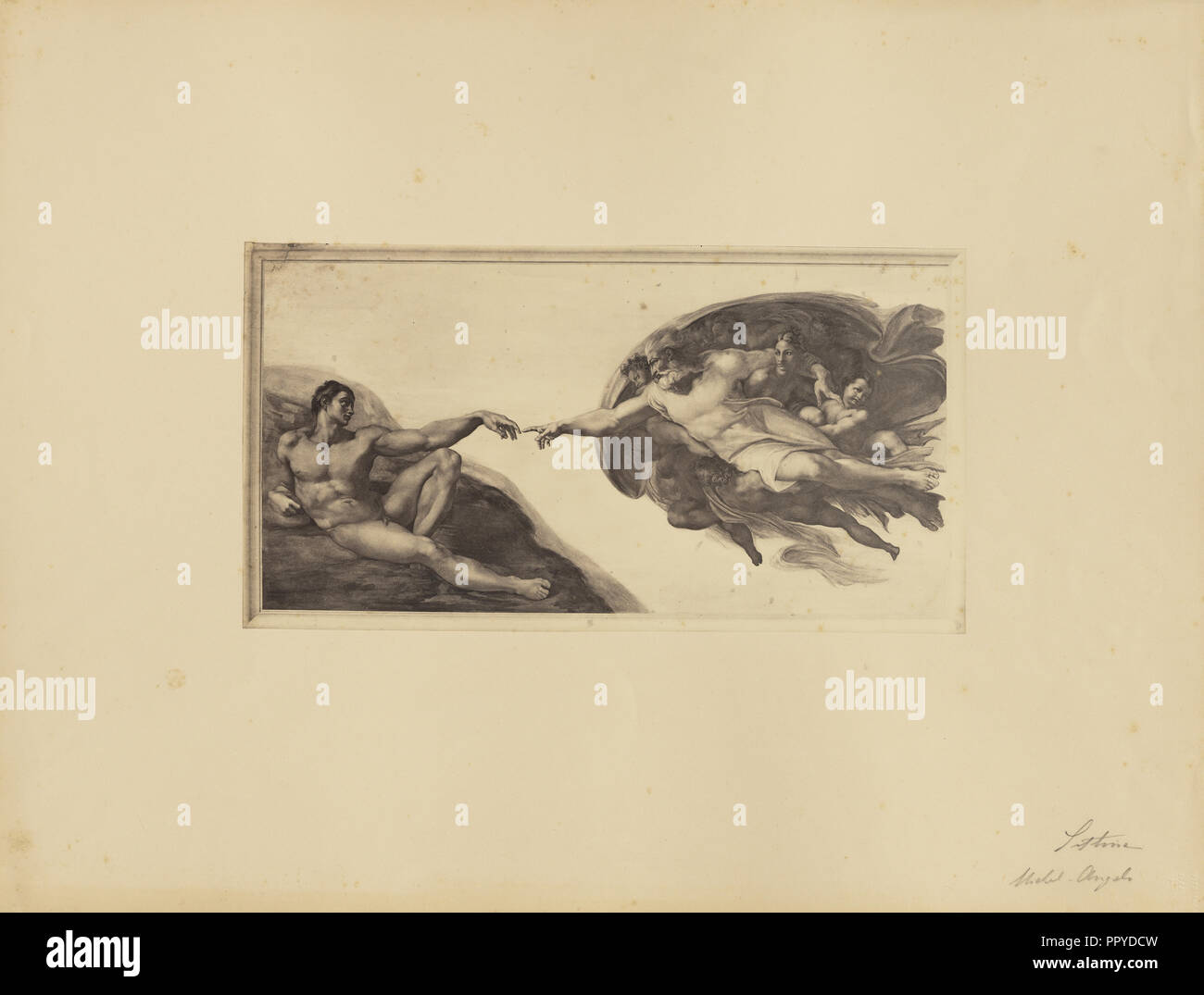 Michelangelo la creazione di Adamo, Cappella Sistina; James Anderson, britannico, 1813 - 1877, Roma, Italia; circa 1845 - 1855; albume d'uovo Foto Stock