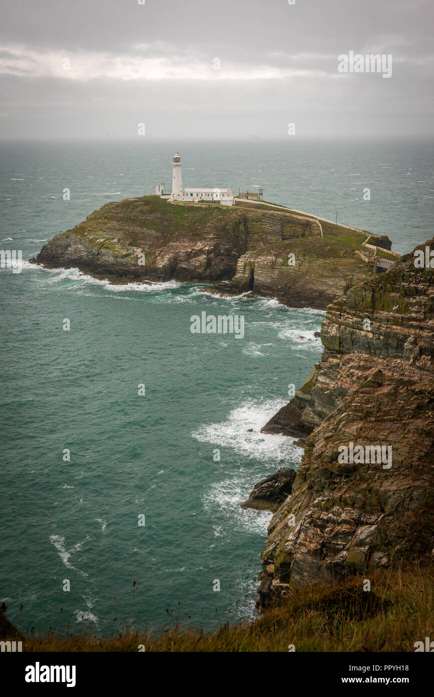 Sud pila faro di Isola Santa, Anglesey, Galles, Regno Unito Foto Stock