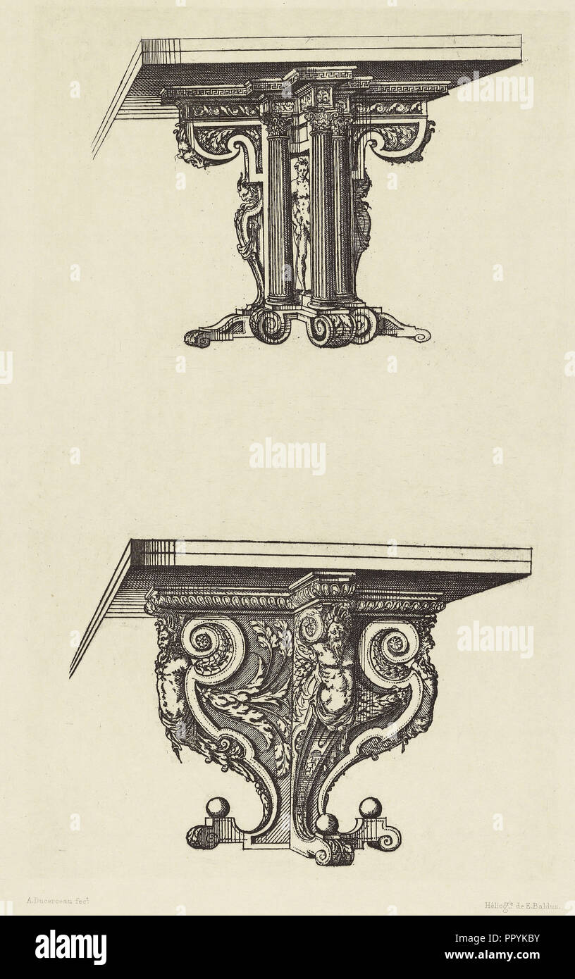 Design per la tavola supporta da Androuet du Cerceau; Édouard Baldus, Francese, nato in Germania, 1813 - 1889, Parigi, Francia; 1866 Foto Stock