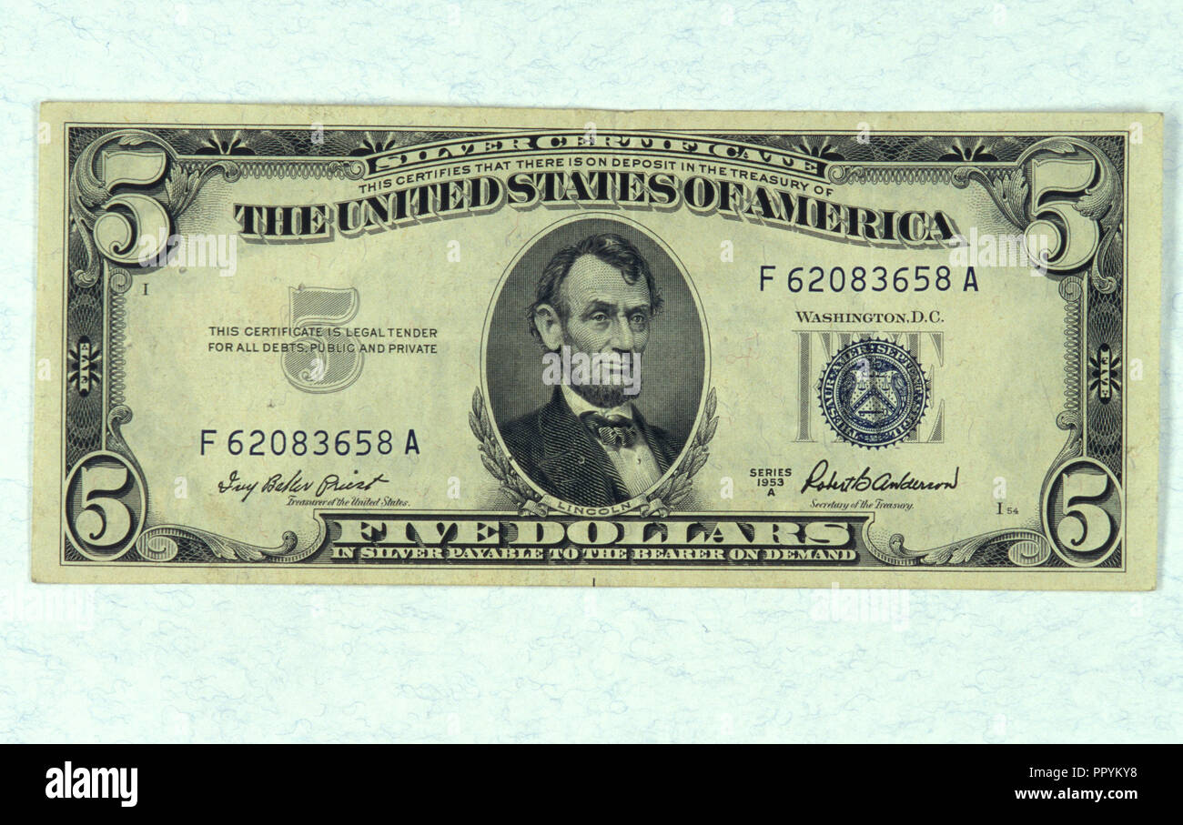 Non 1213335 carta moneta USA 5 DOLLARI ABRAHAM LINCOLN CERTIFICATO SILVER Foto Stock