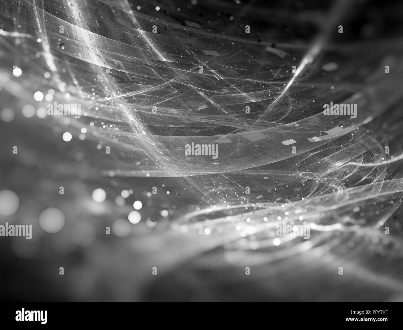 Incandescente nuove tecnologie con particelle, profondità di campo bokeh, generato dal computer sfondo astratta in bianco e nero, rendering 3D Foto Stock