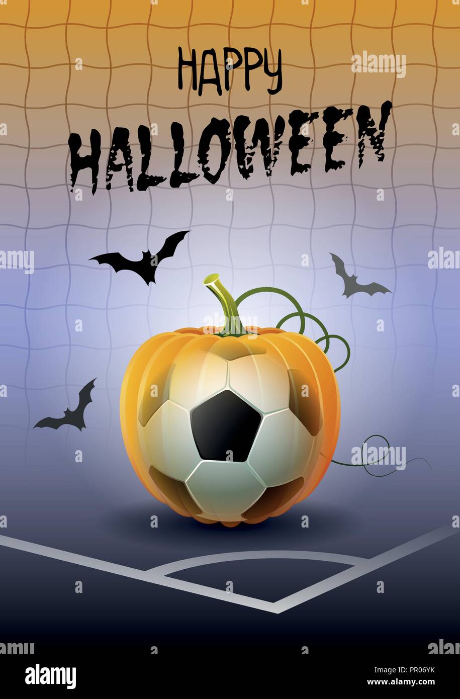 Happy Halloween. Sport biglietto di auguri. Realistico Pallone da calcio a forma di zucca. Illustrazione Vettoriale. Illustrazione Vettoriale