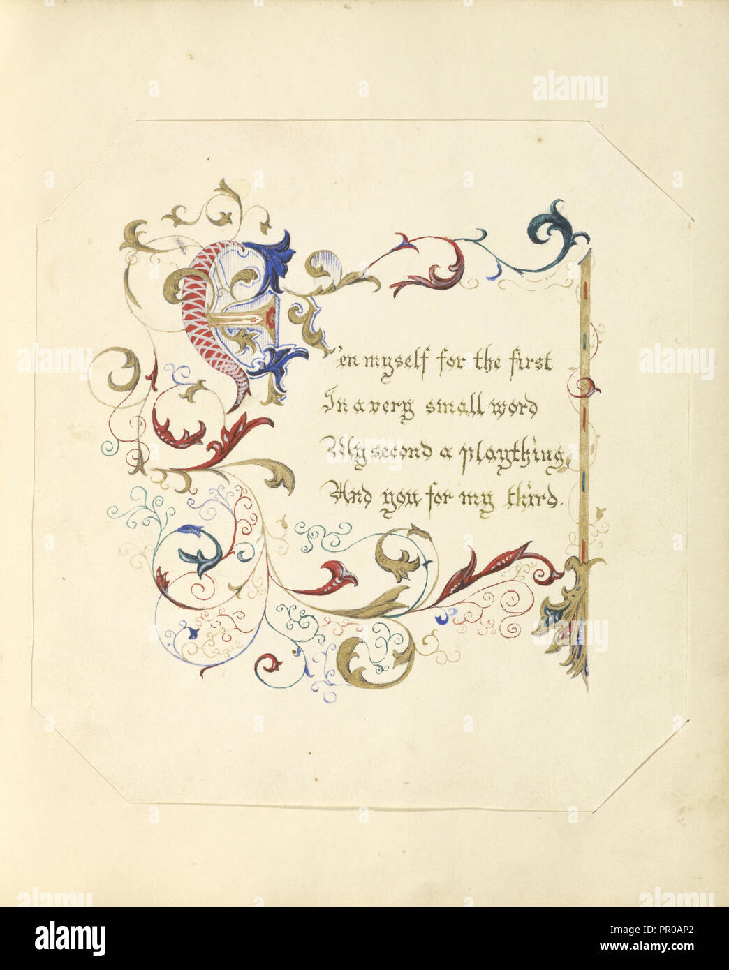 Manoscritto illuminato poesia; British; Inghilterra; 1843 - 1845; rosso, blu, verde e inchiostro rosa con doratura; 17,1 x 16,3 cm Foto Stock