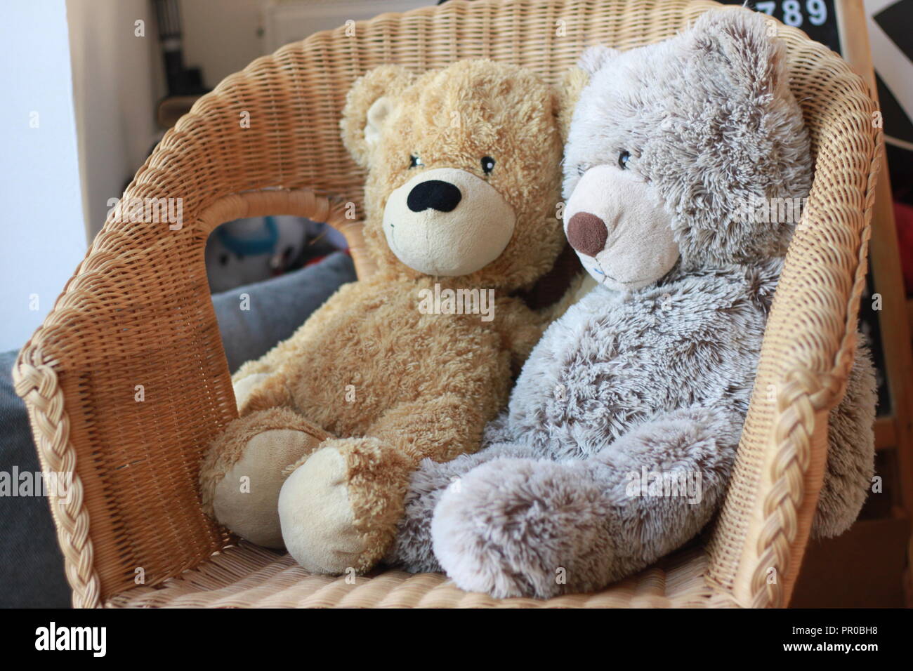 Due orsacchiotti seduti insieme su una sedia di vimini Foto Stock