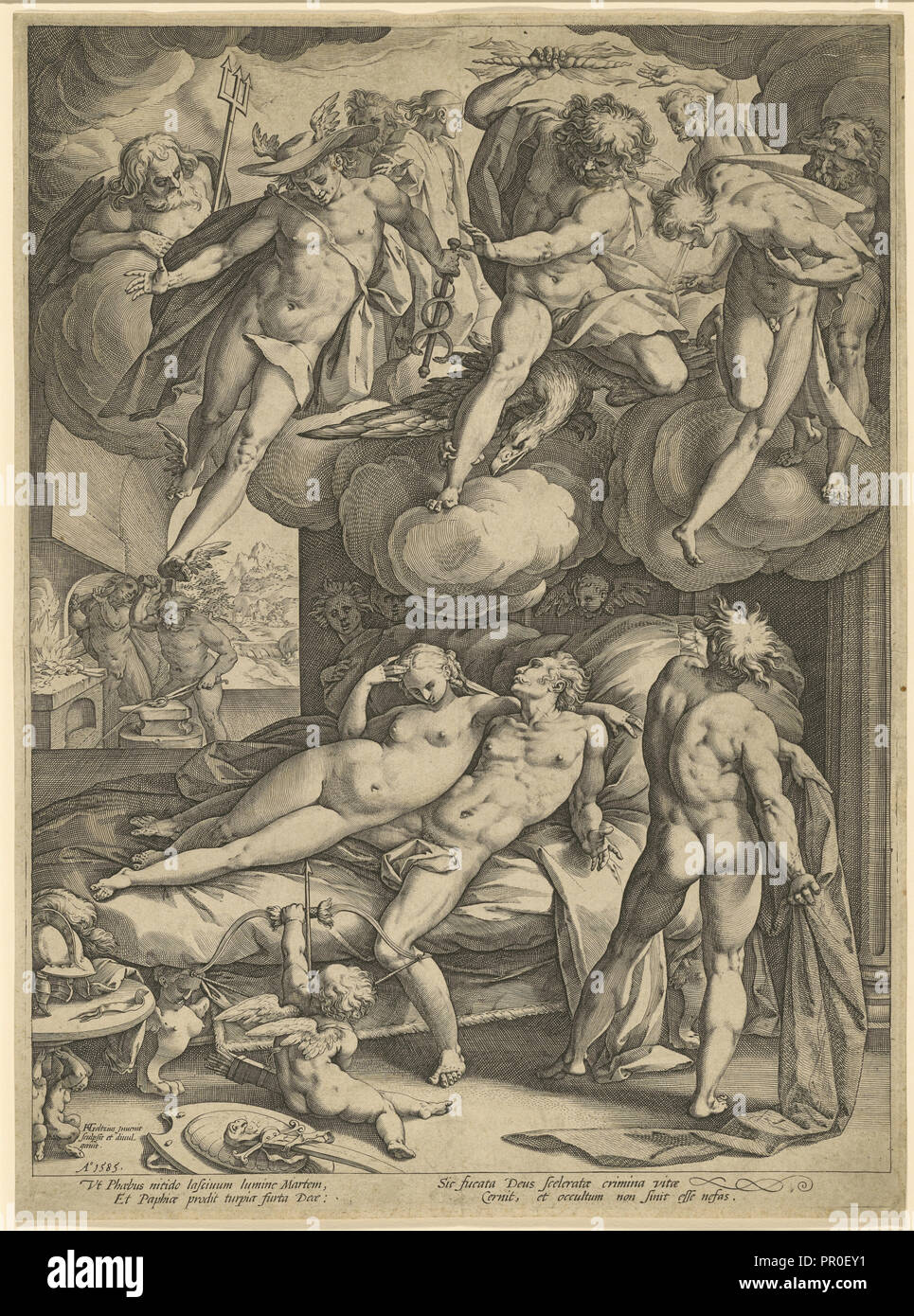 Marte e Venere sorpresi da Vulcan; Hendrick Goltzius, Olandese, 1558 - 1617, Paesi Bassi; 1585; incisione, Piastra: 13,7 x 21,6 cm Foto Stock