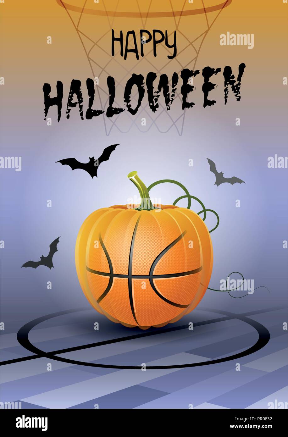 Happy Halloween. Sport biglietto di auguri. Realistica palla da basket a forma di zucca. Illustrazione Vettoriale. Illustrazione Vettoriale