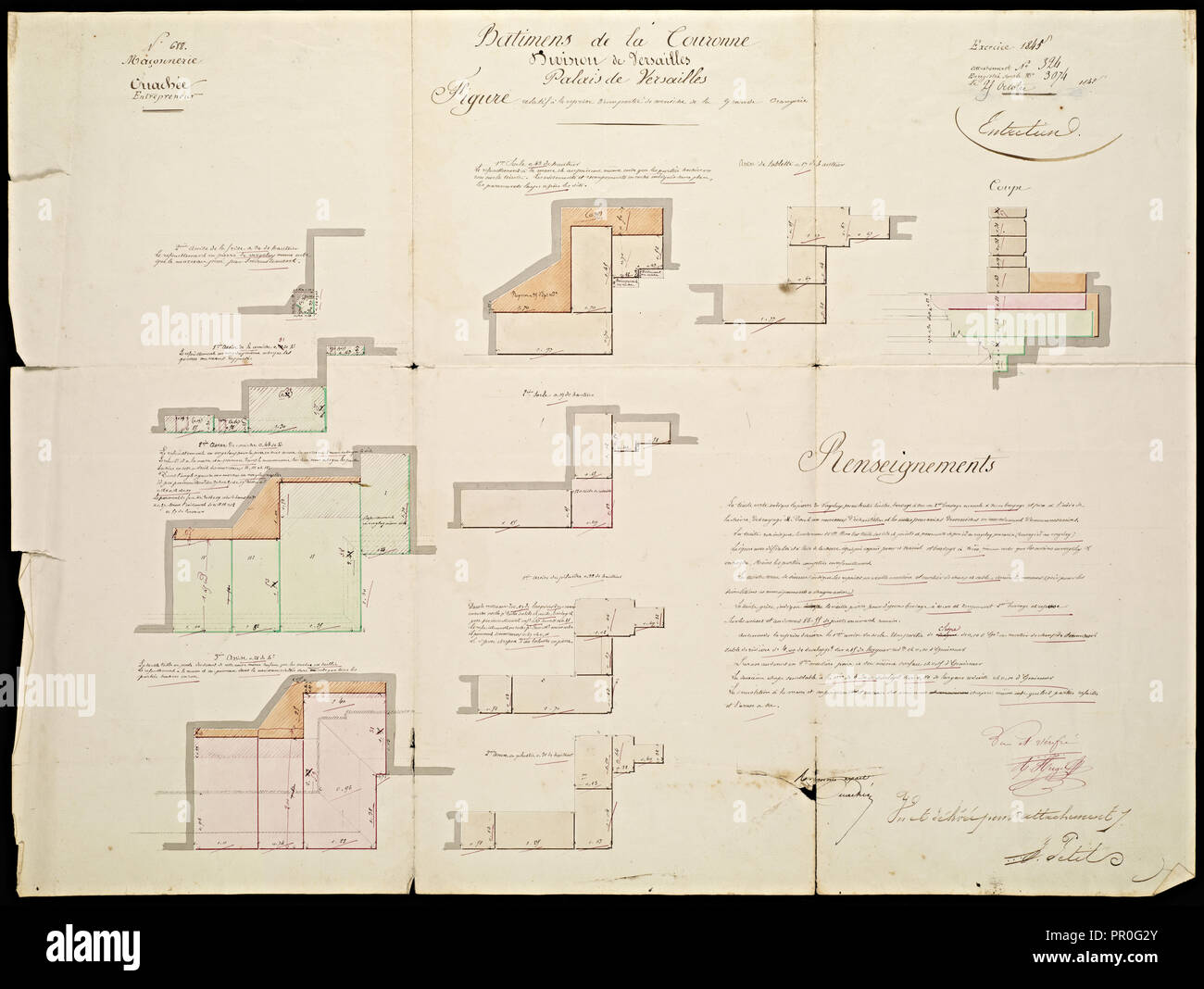 Disegni o modelli per i lavori di ristrutturazione a Versailles, Ouachee, inchiostro e acquerello, 1842-1843 Foto Stock