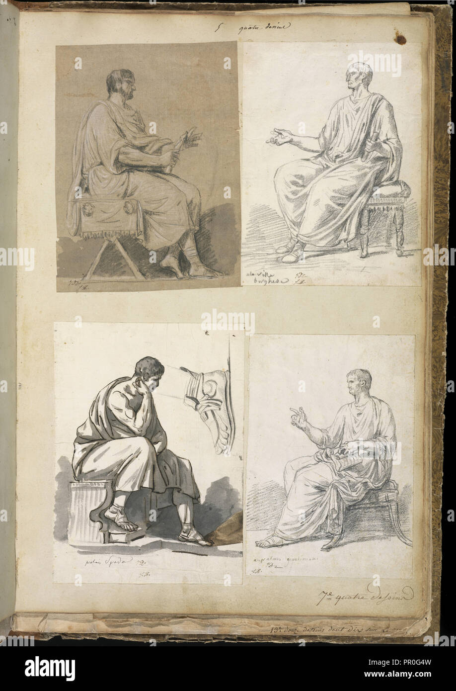 Seduto con figure maschili dopo antiche sculture romane, disegni di antichità, studi dopo Old Masters, paesaggi italiani Foto Stock