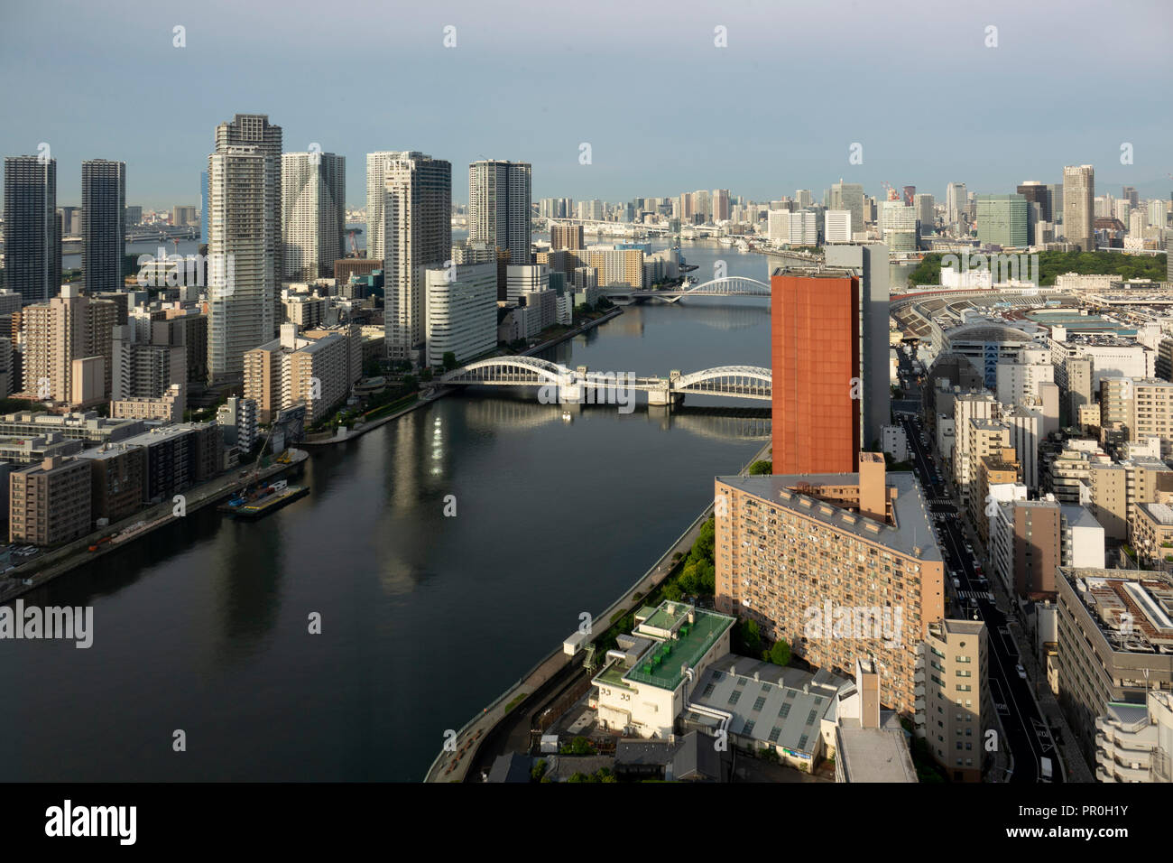 Vista sul Fiume Sumida con Kachidoki e Tsukiji-ohashi ponti, Tokyo, Giappone, Asia Foto Stock