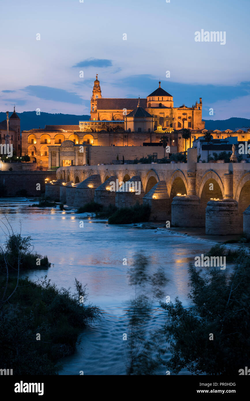 La cattedrale e la Grande Moschea di Cordova (Mezquita) e Ponte Romano al crepuscolo, Sito Patrimonio Mondiale dell'UNESCO, Cordoba, Andalusia, Spagna, Europa Foto Stock