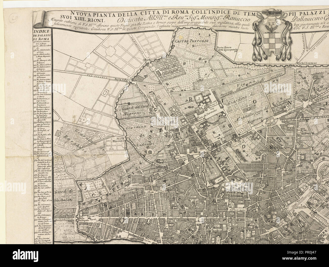 Nvova pianta della città di Roma coll'indice de tempij palazzi et altre fabriche antiche e moderne, e divisa nelli svoi XIIII Foto Stock