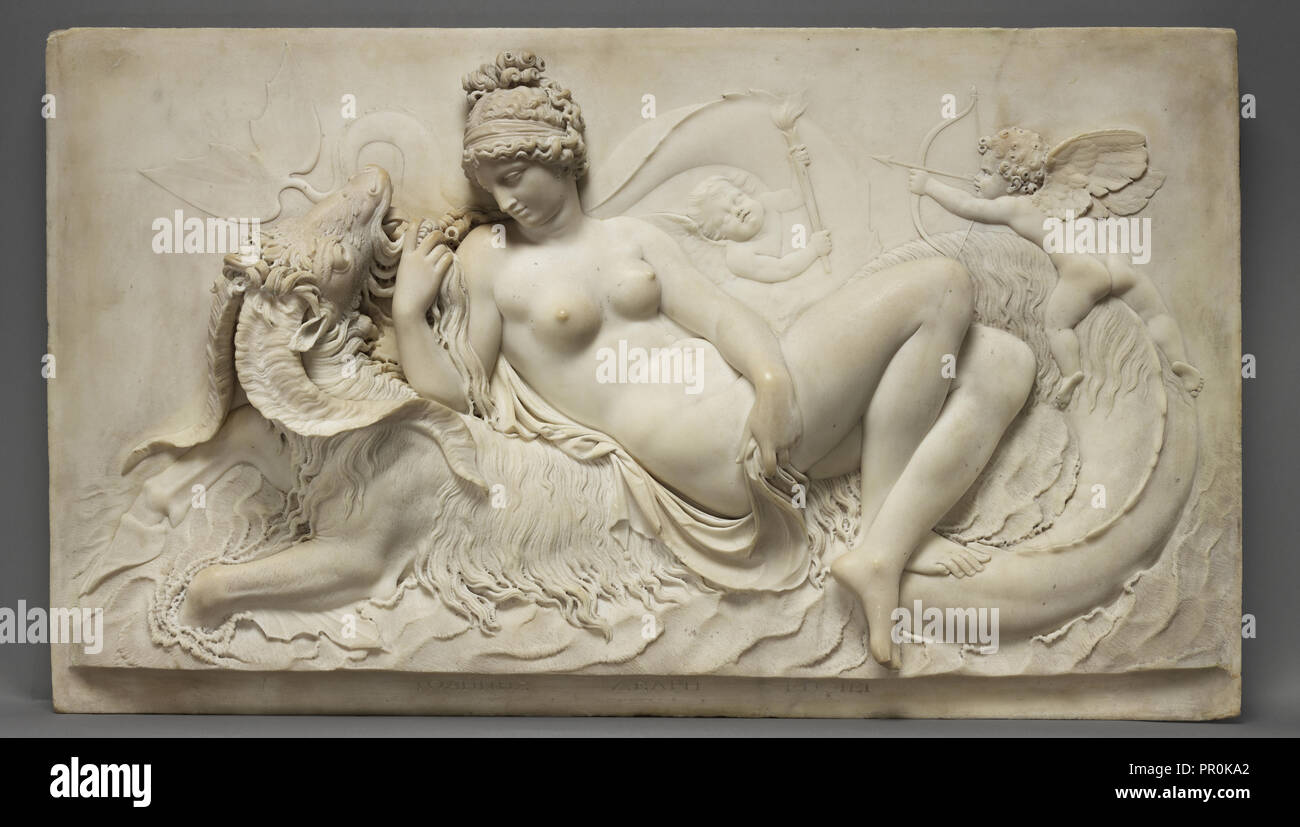 Venere reclinata su un mostro marino con Cupido e un putto; John Deare, inglese, 1759 - 1798, Gran Bretagna; 1787,88 - 1790 Foto Stock
