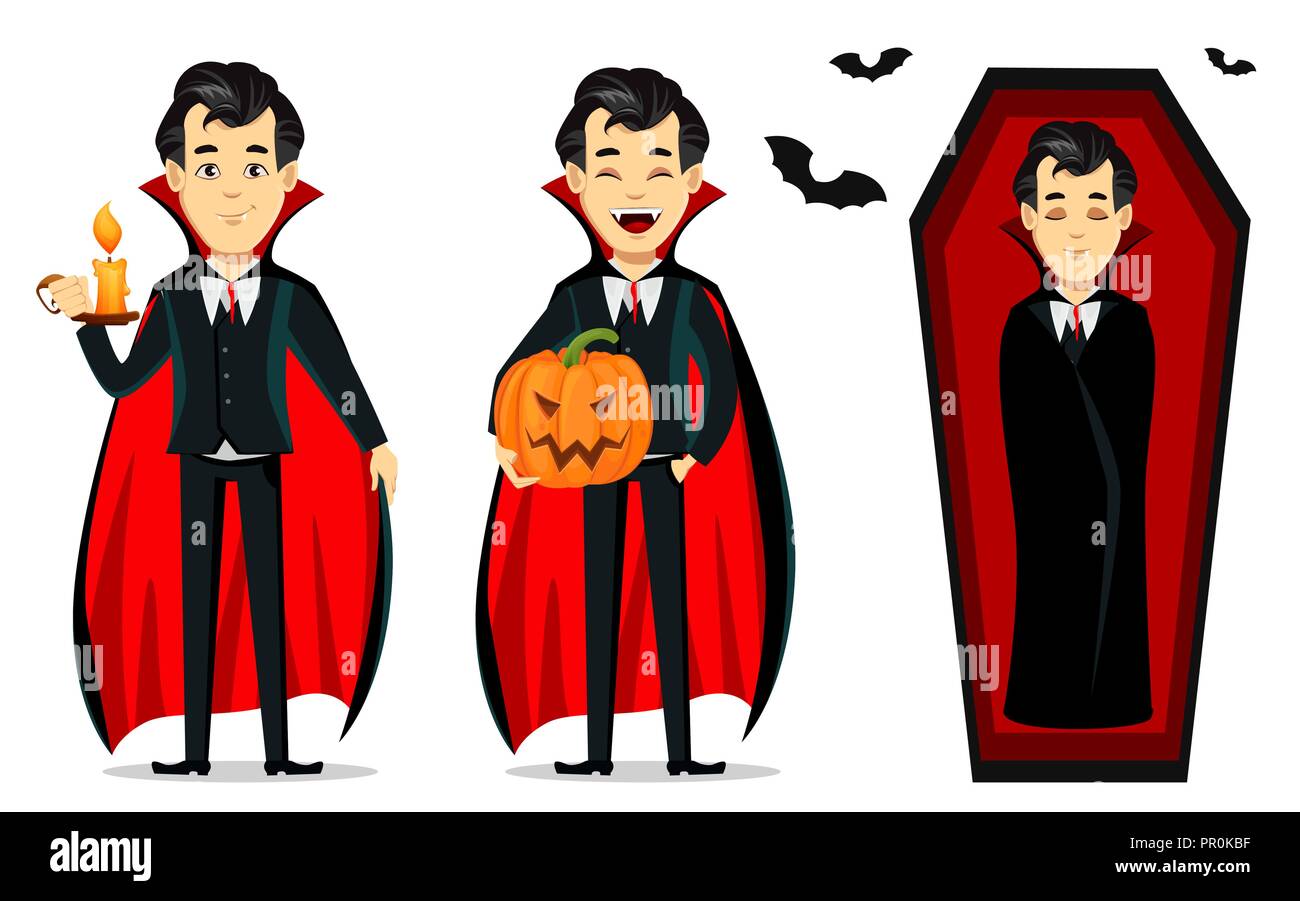 Happy Halloween. Vampire personaggio dei fumetti vestita di nero e rosso cape. Set di tre pose, tenendo candela che brucia, azienda di zucca e dormire a COF Illustrazione Vettoriale