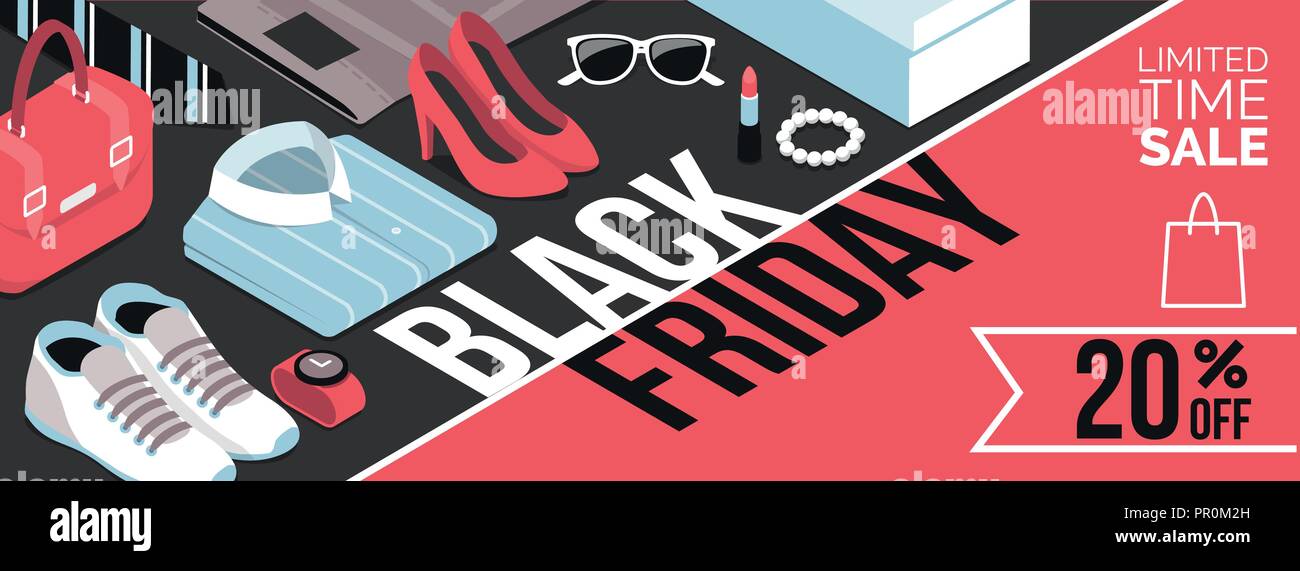 Venerdì nero vendita promozionale shopping banner con prodotti e sconto: moda, abbigliamento e accessori Illustrazione Vettoriale