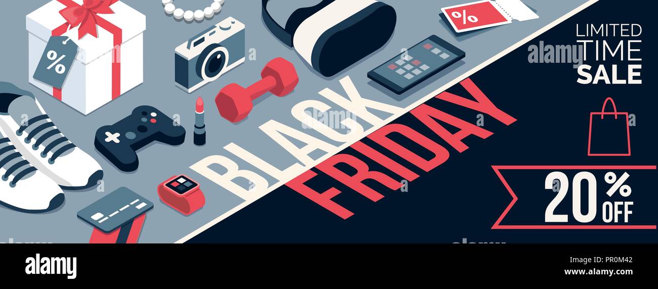 Venerdì nero vendita promozionale shopping banner con prodotti e sconto: electronics, moda e regali Illustrazione Vettoriale