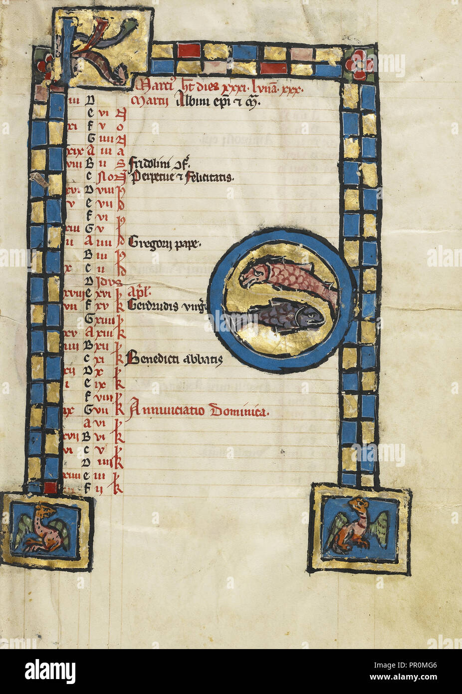 Segno zodiacale dei pesci; Engelberg, Svizzera; terzo quarto del XIII secolo; colori a tempera e foglia oro su pergamena Foto Stock