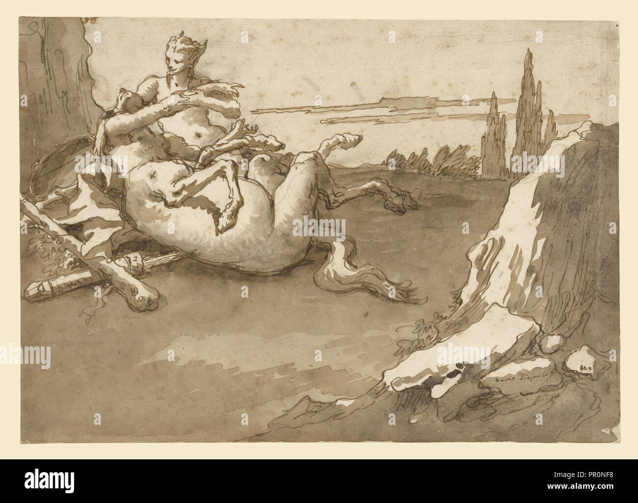 Un Centauro e una femmina di Fauno in un paesaggio; Giovanni Domenico Tiepolo, Italiano, 1727 - 1804, circa 1775; Penna e inchiostro bruno Foto Stock