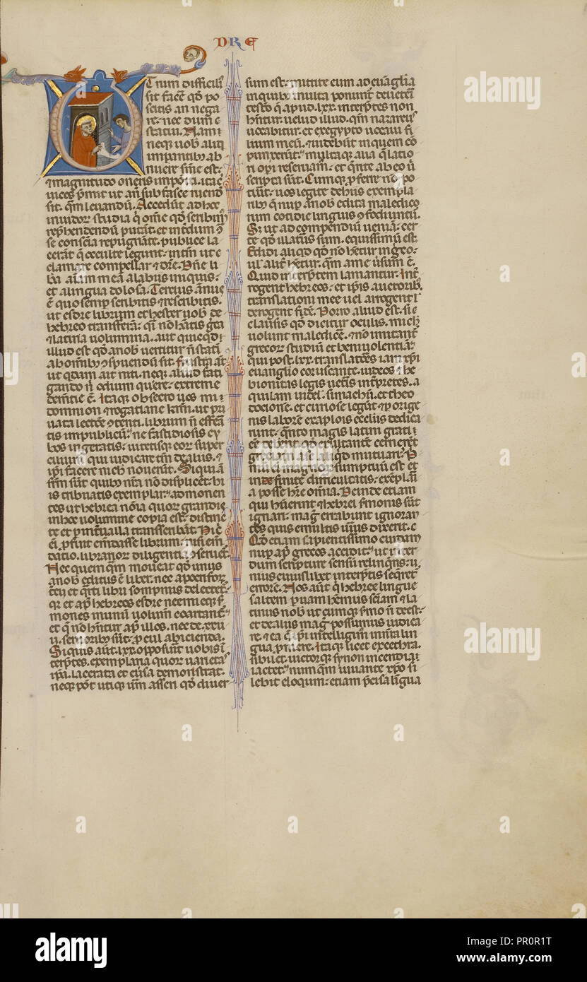 U iniziale: un monaco con una rotellina di scorrimento e un messaggero, Bologna, Emilia Romagna, Italia; circa 1280 - 1290; tempere, foglia oro Foto Stock