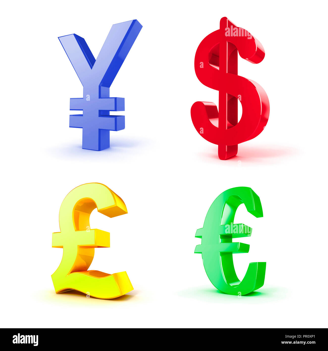 3d i simboli di valuta su sfondo bianco Foto Stock