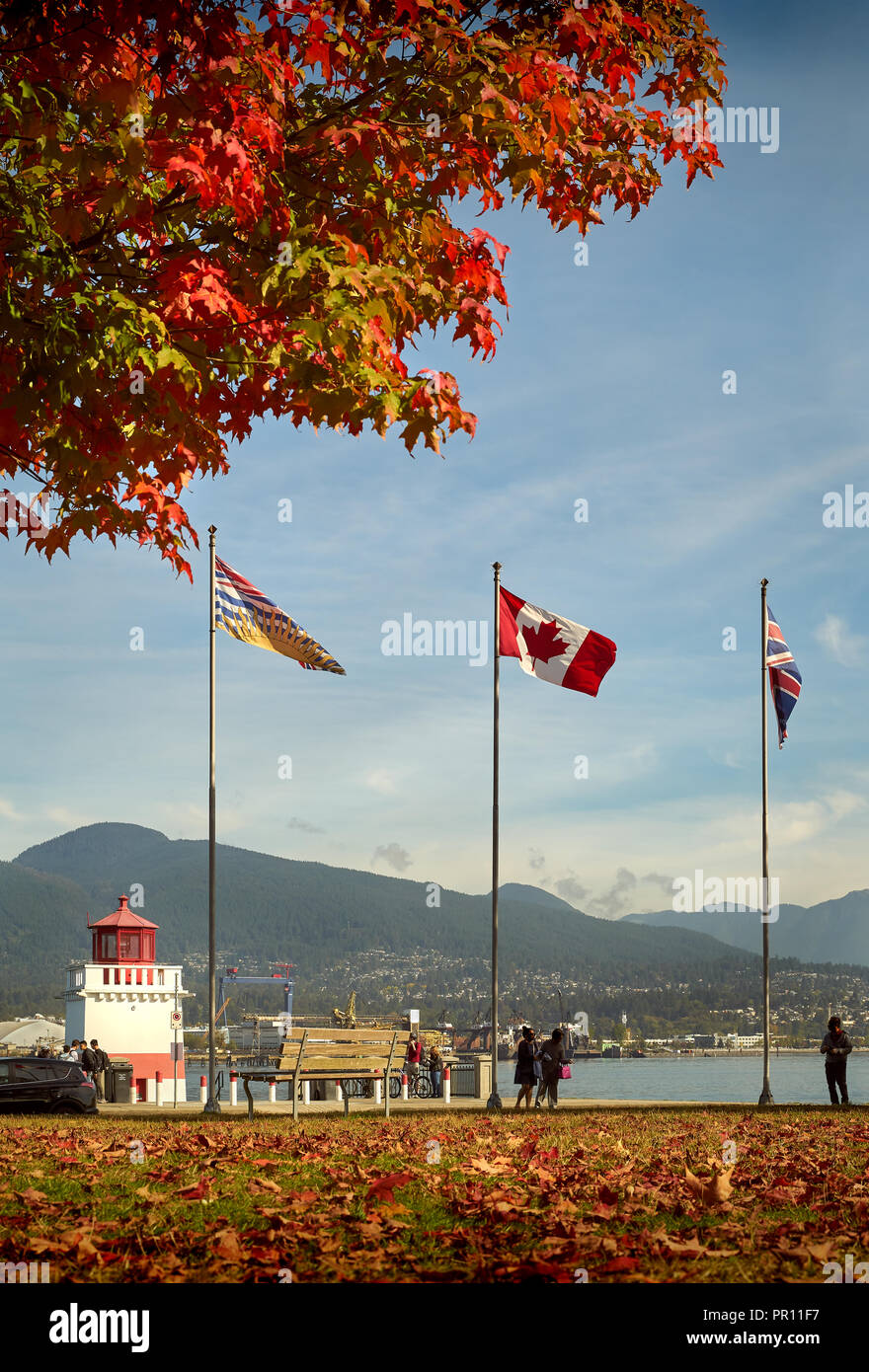 Stanley Park colori autunnali e bandiere. Foglie di autunno e bandiere nel Parco di Stanley a Brockton Point, Vancouver, Canada. Foto Stock