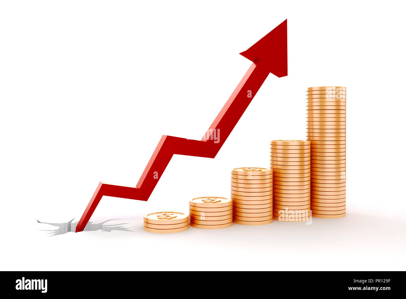 3d monete e una grafica di rosso la freccia rivolta verso l'alto, la concezione di business Foto Stock