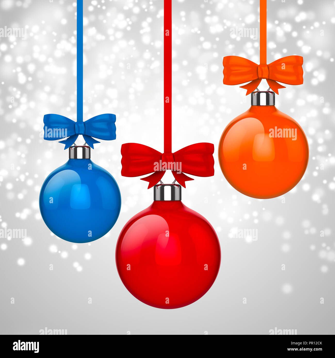 3d palla di Natale ornamenti con un nastro rosso e archi, sfondo Foto Stock