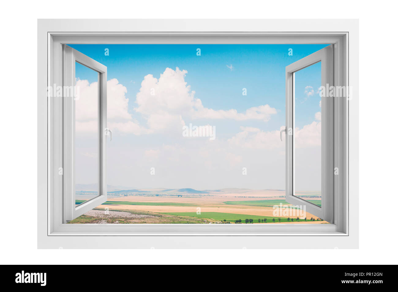 3d sul telaio di una finestra con bel cielo azzurro sfondo Foto Stock