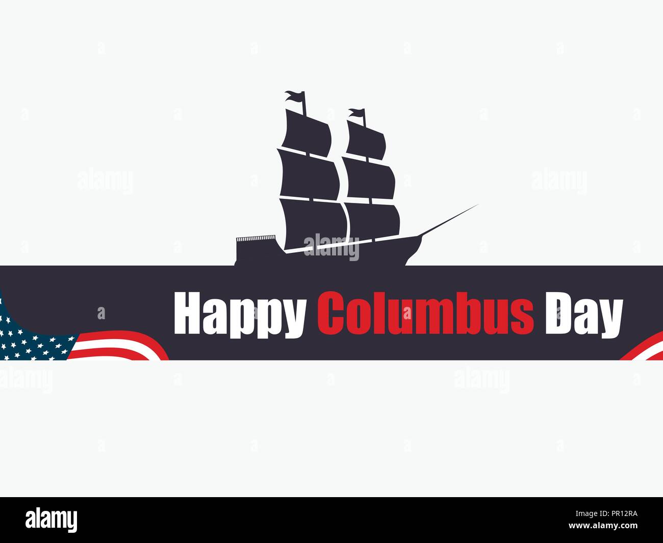 Felice il Columbus Day, lo scopritore di America, onde e nave, holiday banner. Nave a vela con montanti. Illustrazione Vettoriale Illustrazione Vettoriale