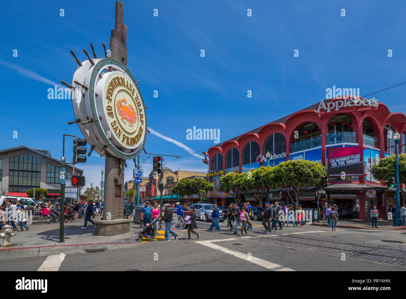 Vista del Fishermans Wharf segno, San Francisco, California, Stati Uniti d'America, America del Nord Foto Stock