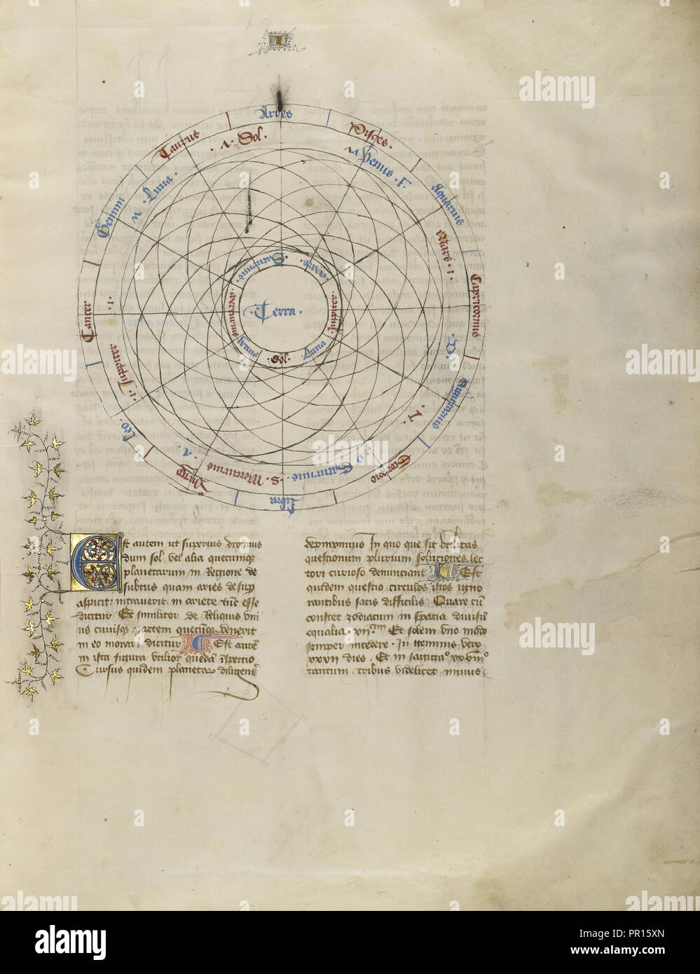 Grafico zodiacale; Virgilio Master, Francese, attivo circa 1380 - 1420, Parigi, Francia; circa 1405; tempere, vernice dorata Foto Stock