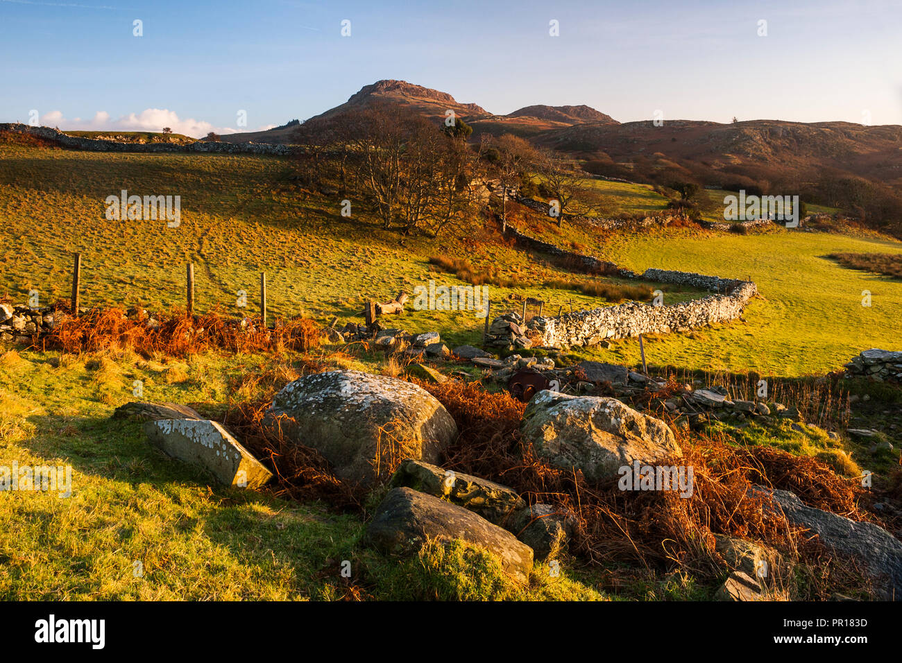 Parco Nazionale di Snowdonia paesaggio di sunrise, vicino a Porthmadog, il Galles del Nord, Wales, Regno Unito, Europa Foto Stock
