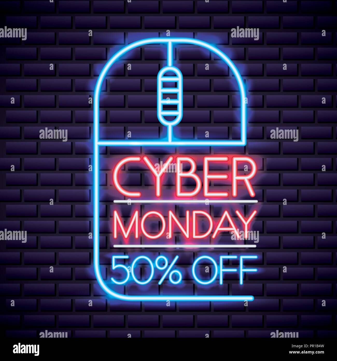 Cyber lunedì il mouse con insegna al neon porcent sconto illustrazione vettoriale Illustrazione Vettoriale