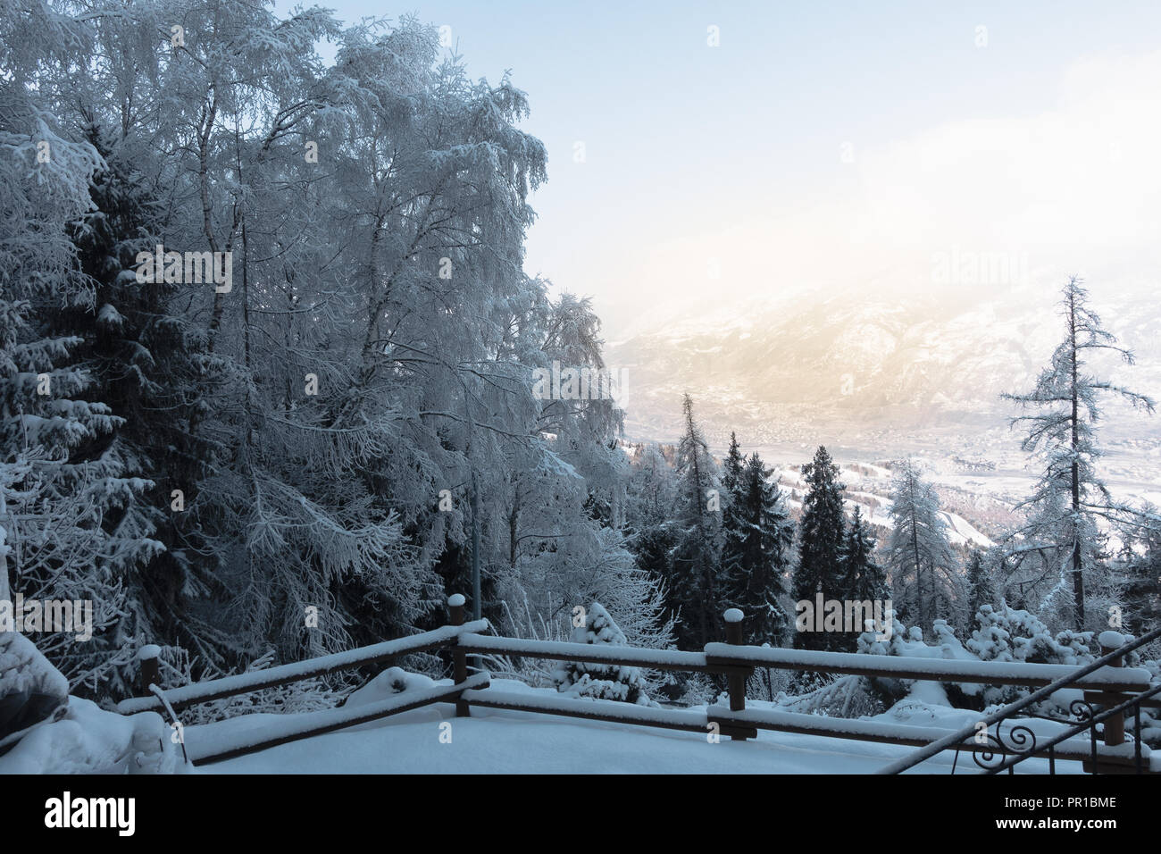 Piccolo cortile su una casa di montagna ricoperta di neve, alberi e boschi in uno sfondo blu cielo Foto Stock