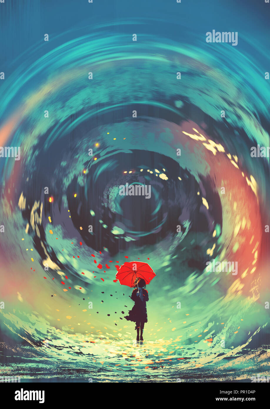 Ragazza con ombrello rosso fa un moto vorticoso dell'acqua nel cielo, arte digitale stile, illustrazione pittura Foto Stock