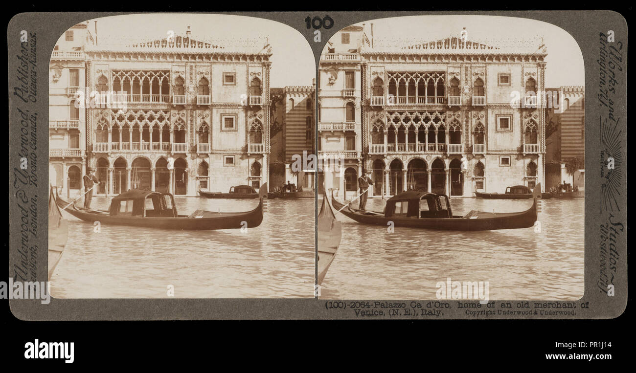 A casa di un vecchio mercante di Venezia, Palazzo Ca' d'Oro, la casa di un vecchio mercante di Venezia, viste stereografica di Italia, Underwood Foto Stock