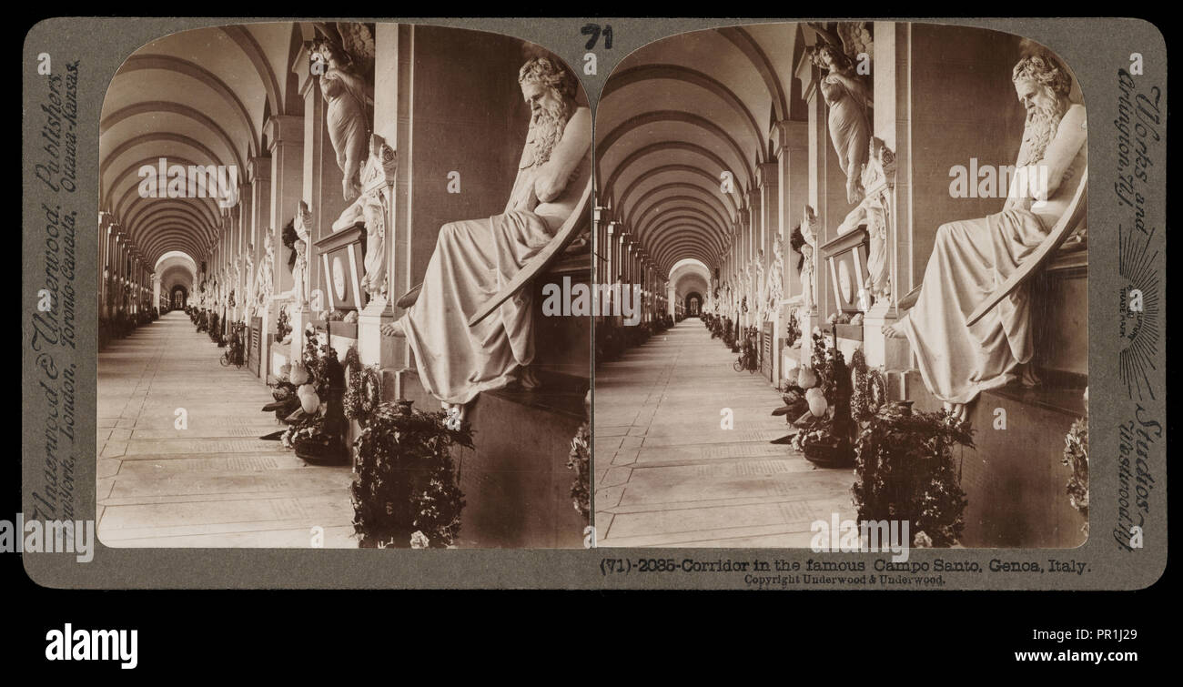 Genova, corridoio nel famoso Campo Santo, Genova, viste stereografica di Italia, Underwood e Underwood, Underwood, Bert, 1862 Foto Stock