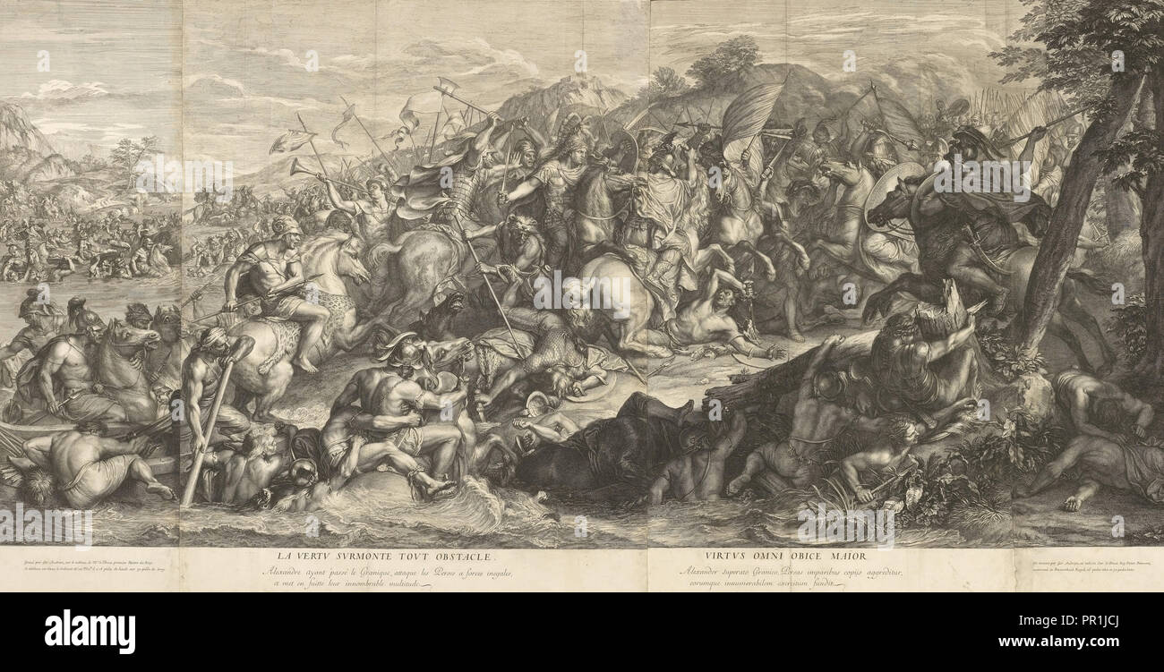 Attraversamento del Granicus, battaglie di Alexander, Audran, Gérard, 1640-1703, Le Brun, Charles, 1619-1690, attacco, incisione Foto Stock