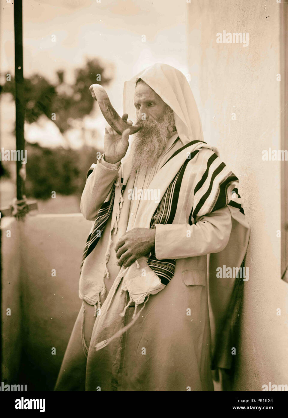 Shofar. Avvisatore acustico di sabato. Ebrea yemenita. Più vicino. 1934 Foto Stock