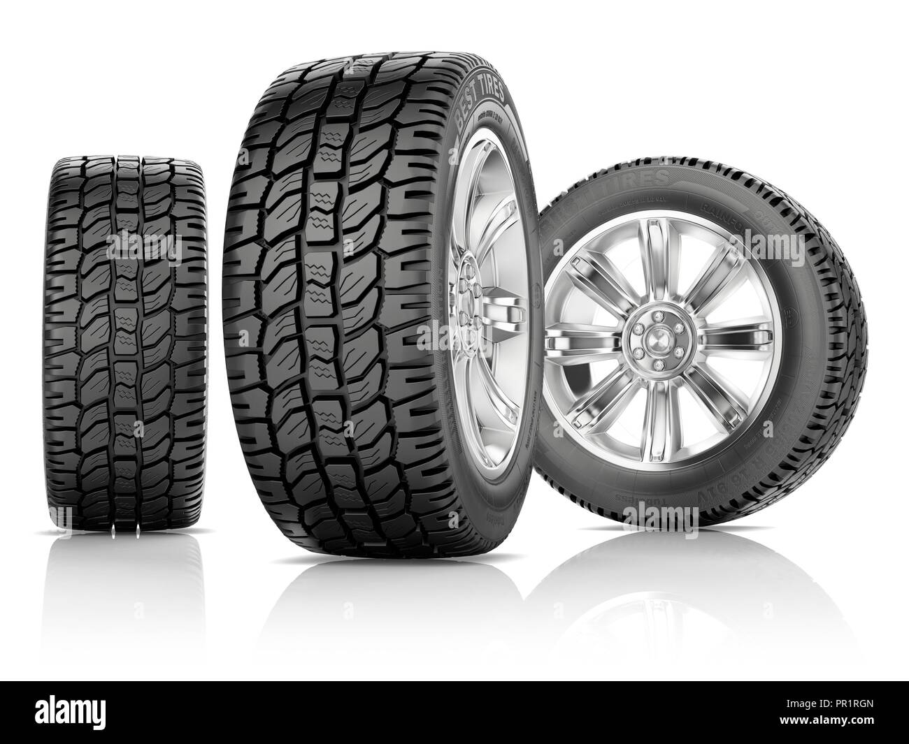 Tre ruote con pneumatici nuovi, illustrazione. Foto Stock