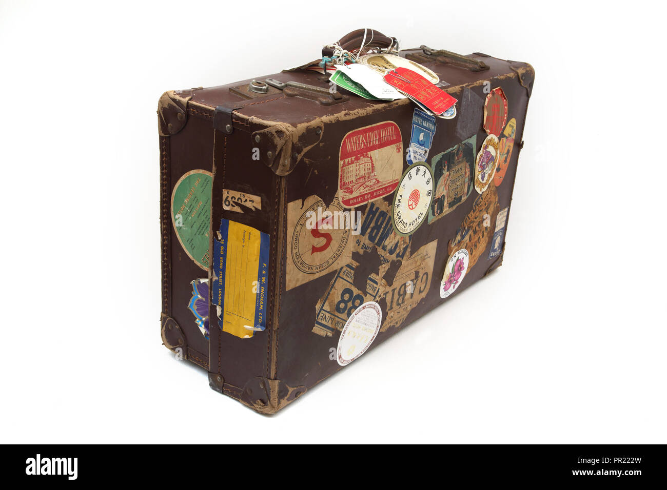 Pelle Vintage Everlasta valigia con viaggio adesivi ed etichette Foto Stock