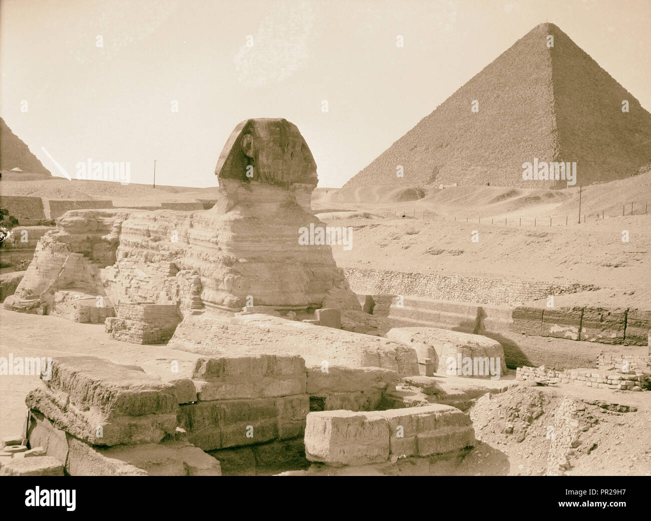 L'Egitto. La sfinge e piramidi. Gen erale[] vista con piramide in background. 1934, Egitto, Jīzah, Jizah Foto Stock