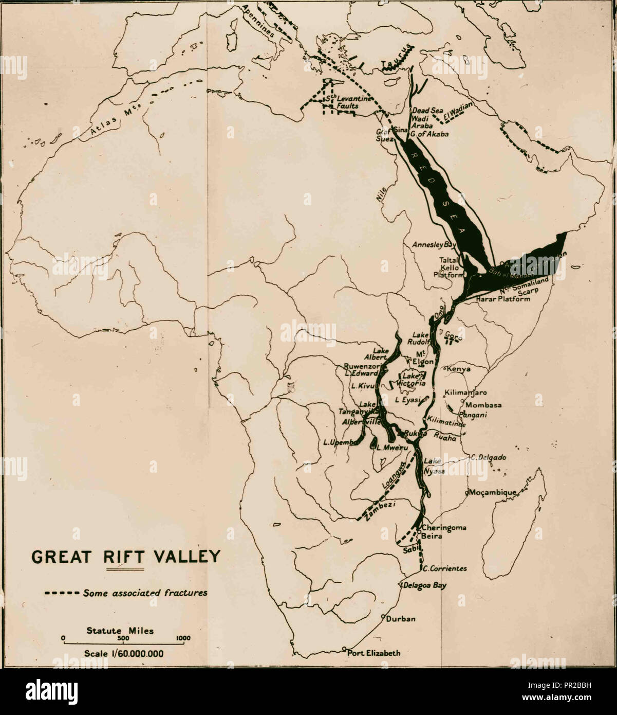 Mappa di Africa che mostra il 'Grande Rift Valley " cont"in della Valle del Giordano. 1934, Africa Foto Stock